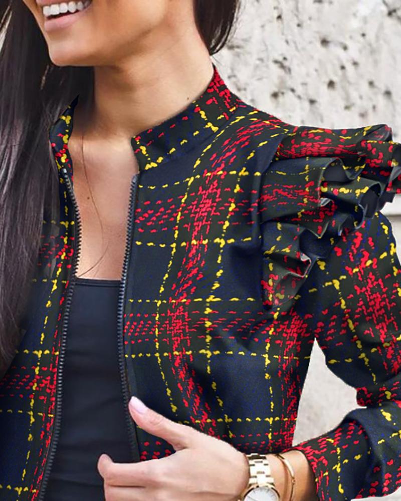 2021 High quality Autumn Women Fashion Camouflage Ruffles Coat Jacket Long Sleeve Stand Collar Short Coat Female