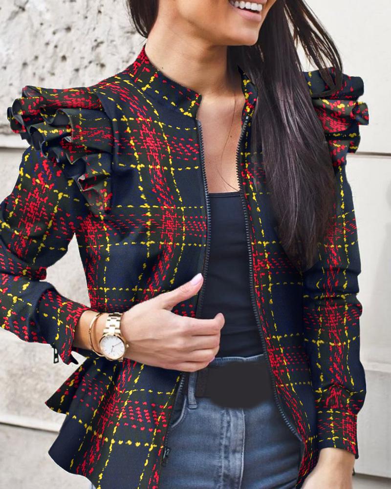 2021 High quality Autumn Women Fashion Camouflage Ruffles Coat Jacket Long Sleeve Stand Collar Short Coat Female