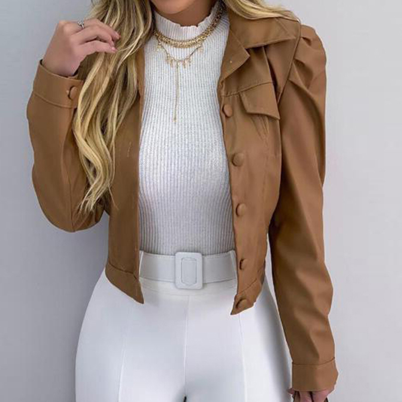 Women Autumn PU Coat Fashion Casual Turn-down Collar Puff Sleeve Single Breasted Short Jacket Coat