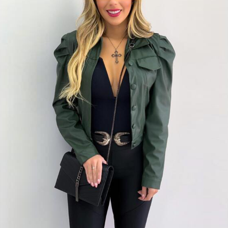 Women Autumn PU Coat Fashion Casual Turn-down Collar Puff Sleeve Single Breasted Short Jacket Coat