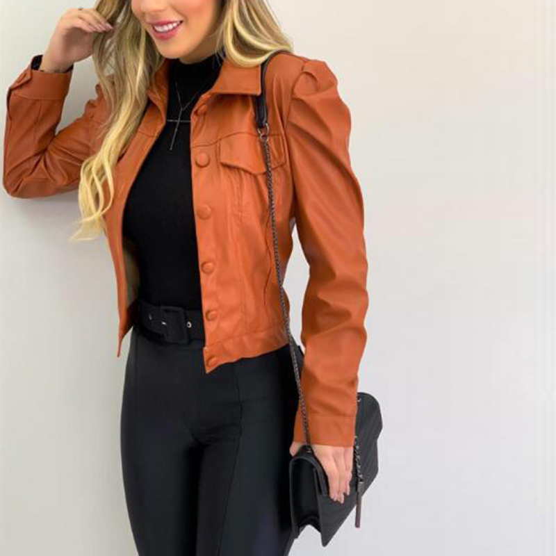 Women Autumn PU Coat Fashion Casual Turn-down Collar Puff Sleeve Single Breasted Short Jacket Coat