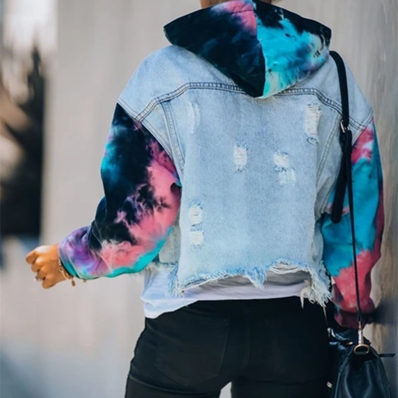2021 High quality Women Autumn Tie Dye Hole Denim Jacket Short Coat Casual Oversized Loose Overcoat Hooded Jean Coat