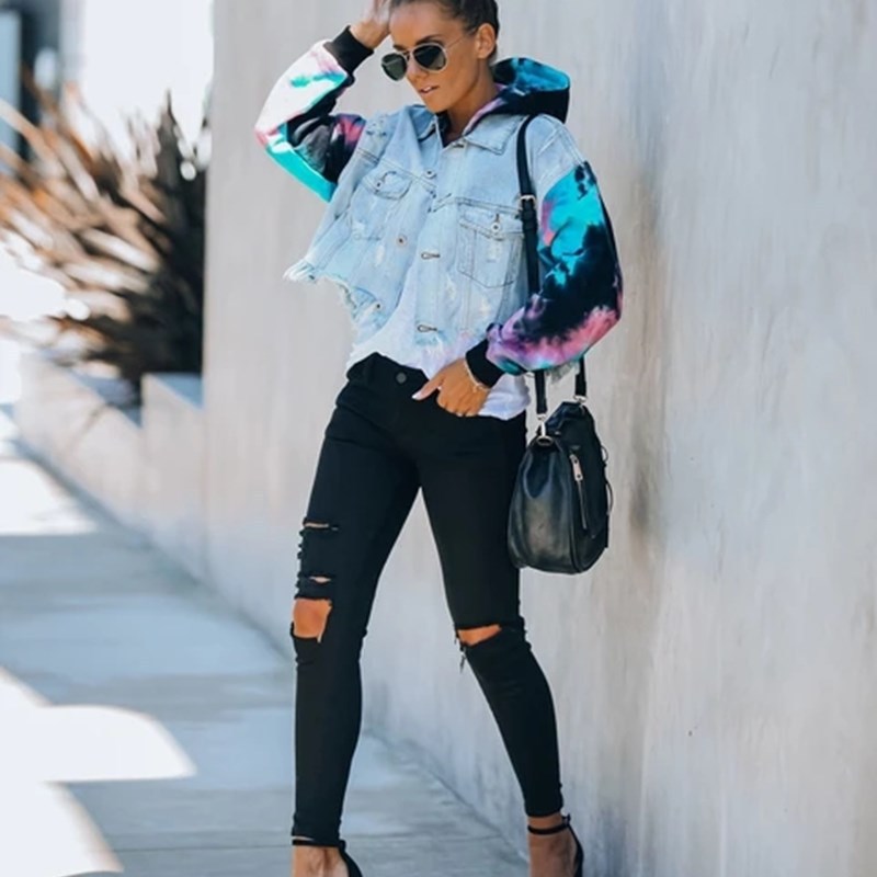 2021 High quality Women Autumn Tie Dye Hole Denim Jacket Short Coat Casual Oversized Loose Overcoat Hooded Jean Coat
