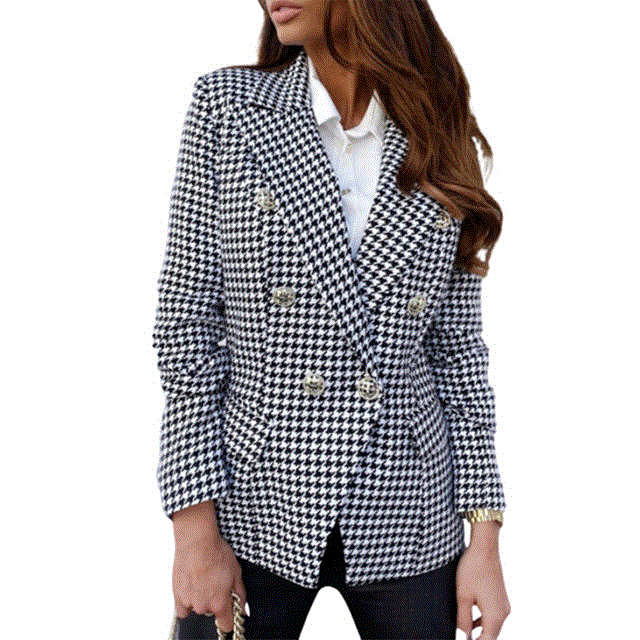 2021 High quality Women Autumn Plaid Double-Breasted Jackets Long Sleeve Office Casual Notched Collar Coats Oversize