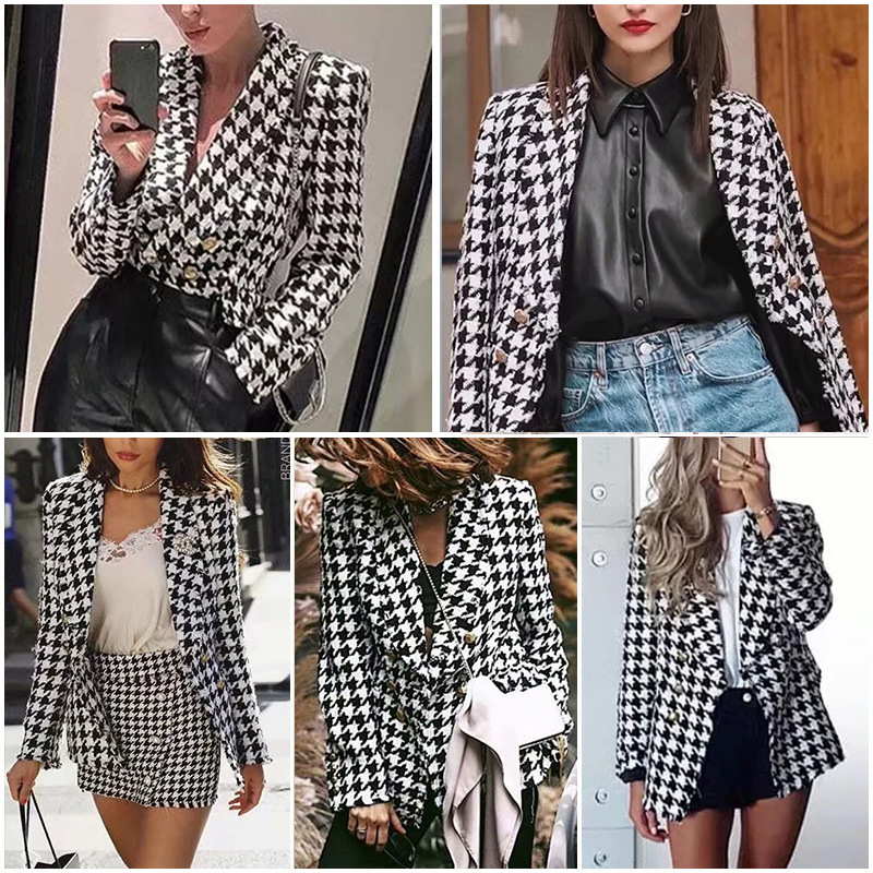 2021 High quality Women's Coat Double Breasted Fashion Short Jacket Autumn Long Sleeve Slim Plaid Jacket Female Coat
