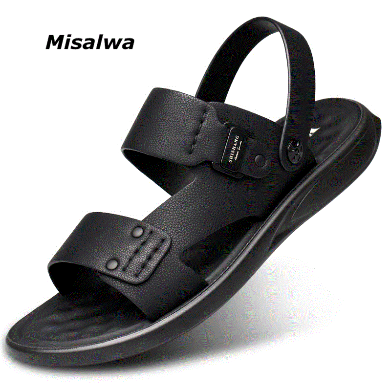 2021 High quality Misalwa School Young Men PU Leather Sandals Latex Soft Healthy Massage Slippers Casual Boy Simple Style All Match Shoes Summer