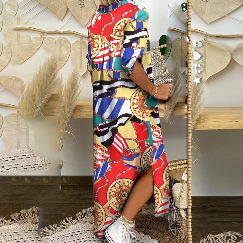 2021 High quality  Buttoned Slit Shirt Summer Neck Maxi Party Casual Loose Long Sleeve Dresses