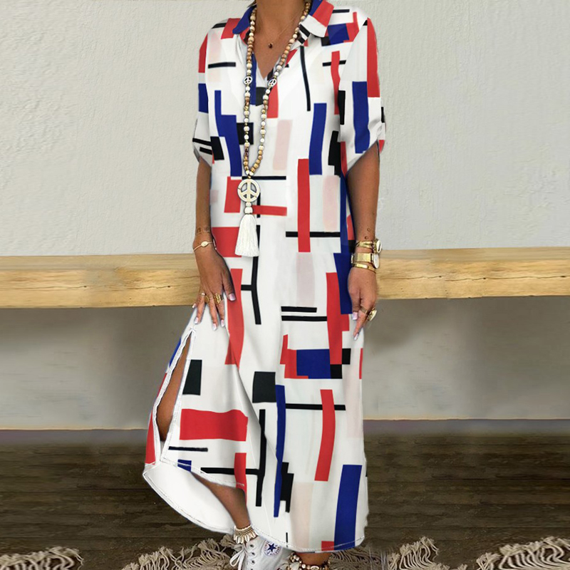 2021 High quality  Buttoned Slit Shirt Summer Neck Maxi Party Casual Loose Long Sleeve Dresses