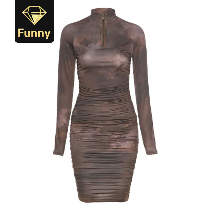 2021 High quality spring new high quality print turtleneck dress women street pleated slim dress