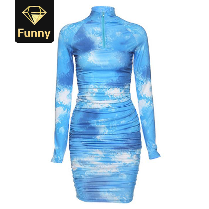 2021 High quality spring new high quality print turtleneck dress women street pleated slim dress