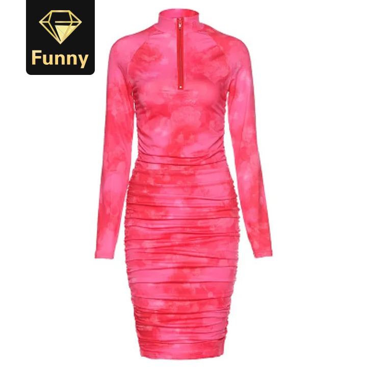 2021 High quality spring new high quality print turtleneck dress women street pleated slim dress