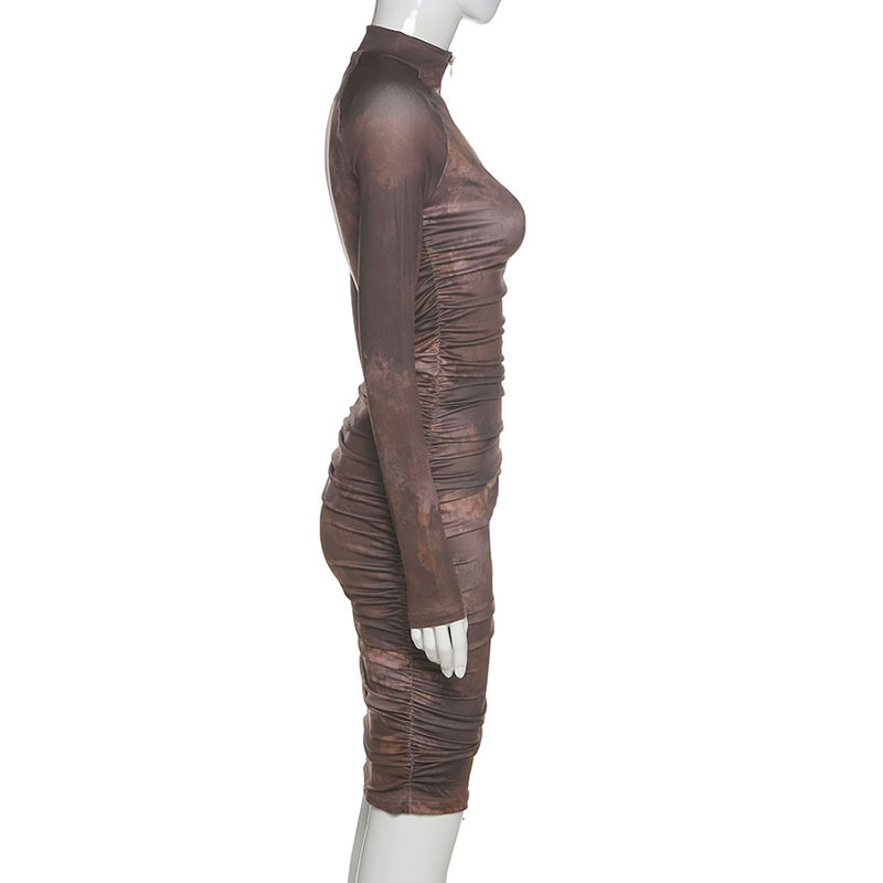 2021 High quality spring new high quality print turtleneck dress women street pleated slim dress