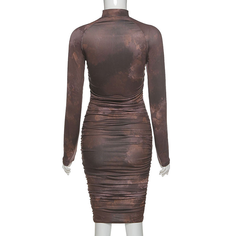 2021 High quality spring new high quality print turtleneck dress women street pleated slim dress