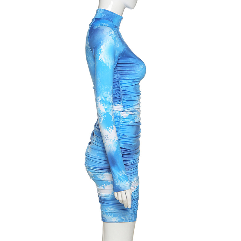 2021 High quality spring new high quality print turtleneck dress women street pleated slim dress