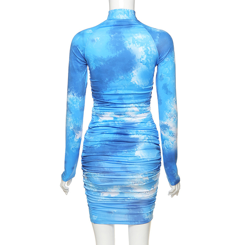 2021 High quality spring new high quality print turtleneck dress women street pleated slim dress