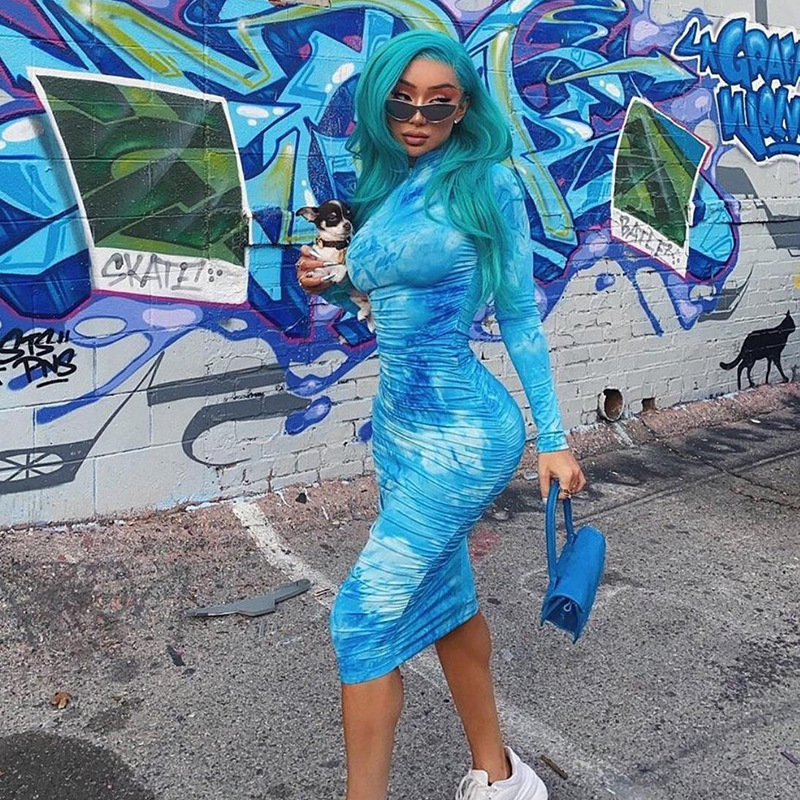2021 High quality spring new high quality print turtleneck dress women street pleated slim dress