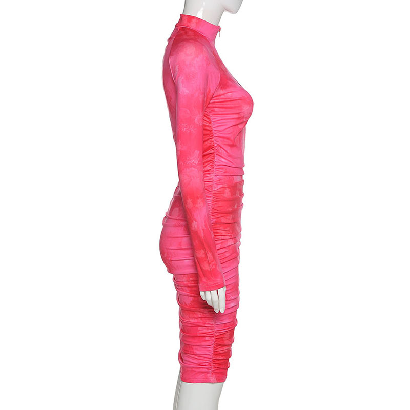 2021 High quality spring new high quality print turtleneck dress women street pleated slim dress