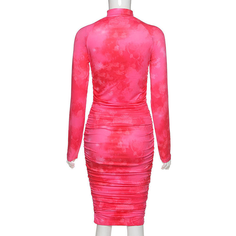 2021 High quality spring new high quality print turtleneck dress women street pleated slim dress