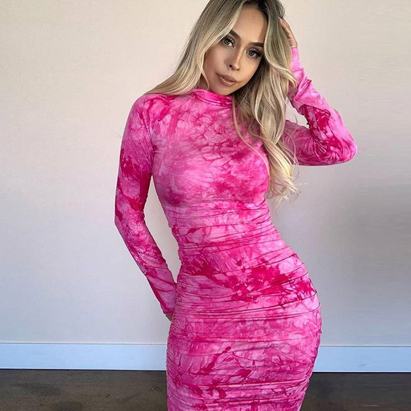 2021 High quality spring new high quality print turtleneck dress women street pleated slim dress