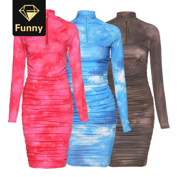 2021 High quality spring new high quality print turtleneck dress women street pleated slim dress