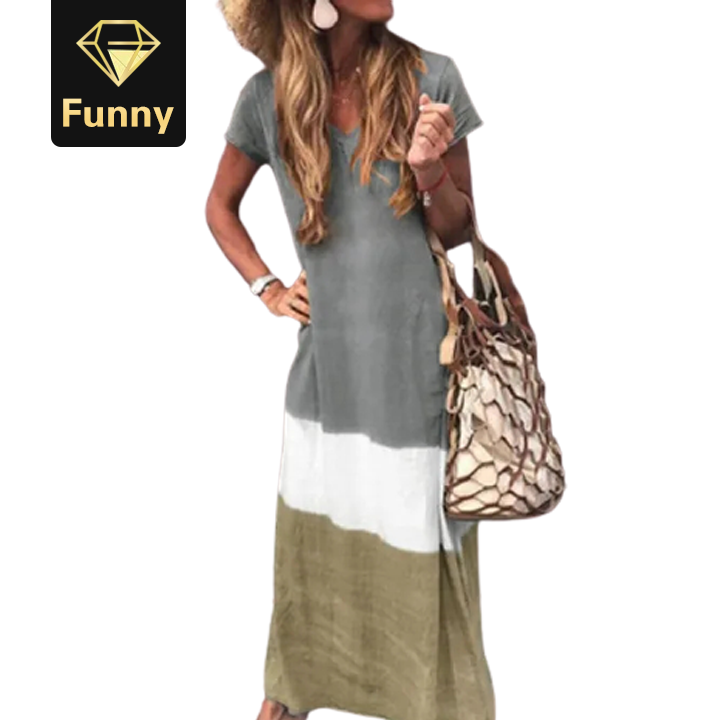 2021 High quality Fashion Women Daily Tie-dyed Loose V Neck Short Sleeve Long Dresses Female Dress