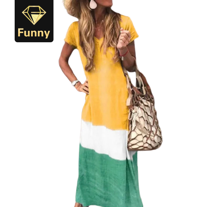2021 High quality Fashion Women Daily Tie-dyed Loose V Neck Short Sleeve Long Dresses Female Dress