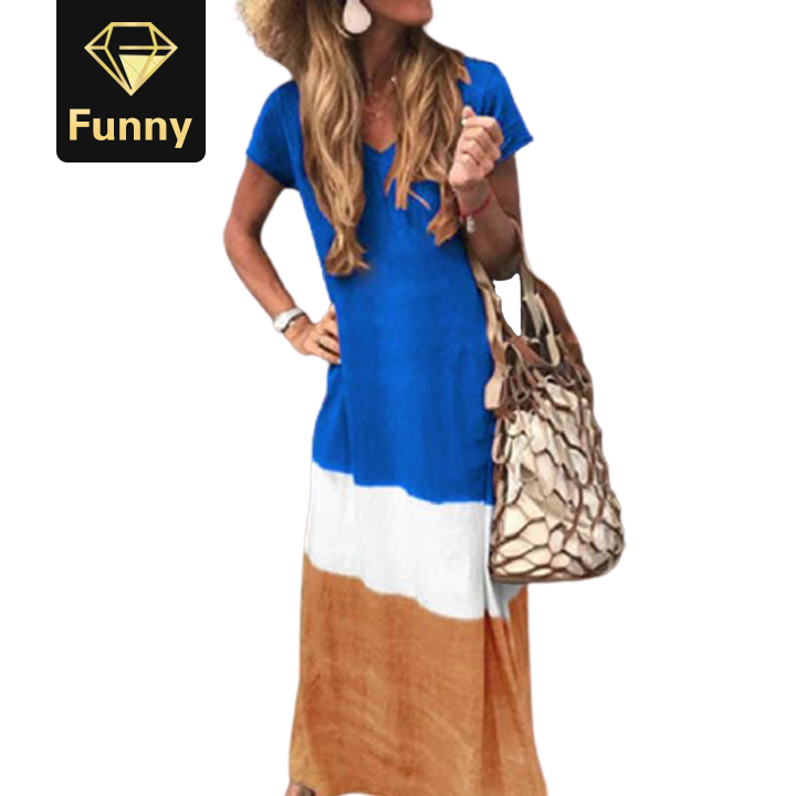 2021 High quality Fashion Women Daily Tie-dyed Loose V Neck Short Sleeve Long Dresses Female Dress
