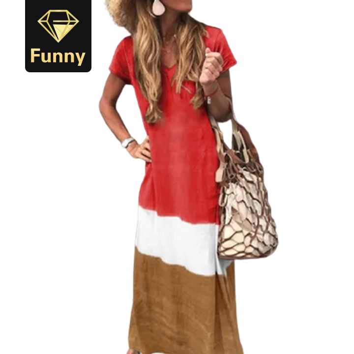 2021 High quality Fashion Women Daily Tie-dyed Loose V Neck Short Sleeve Long Dresses Female Dress