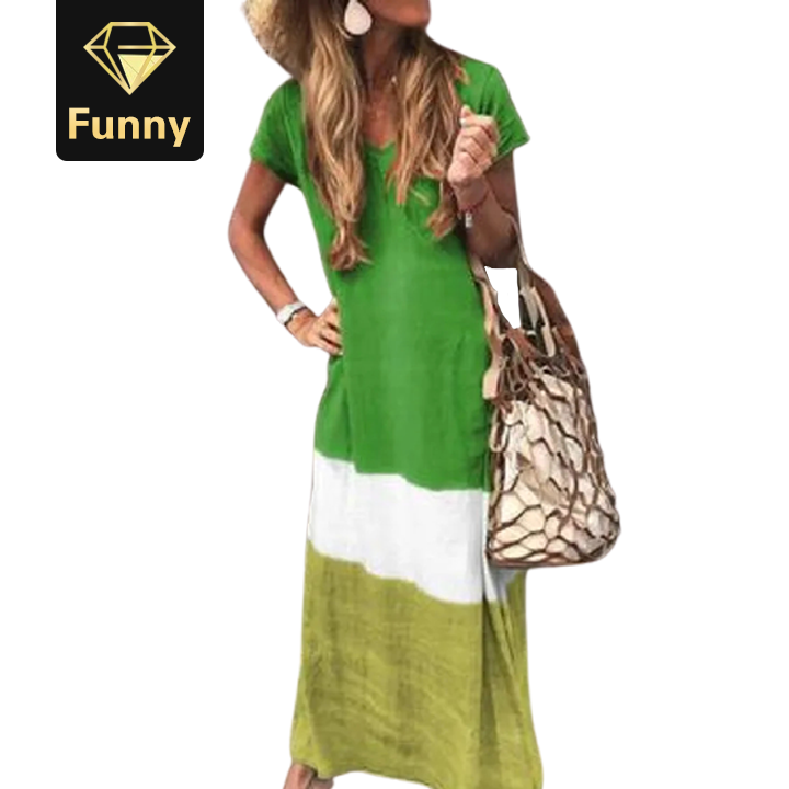 2021 High quality Fashion Women Daily Tie-dyed Loose V Neck Short Sleeve Long Dresses Female Dress