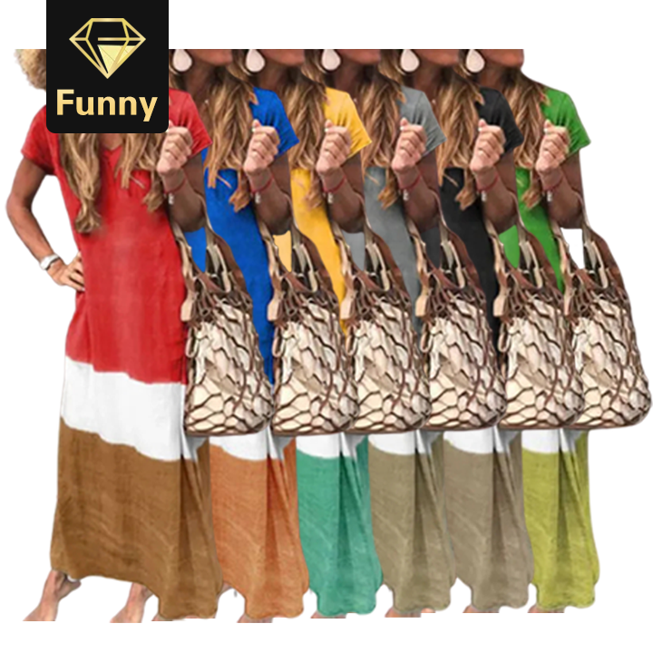 2021 High quality Fashion Women Daily Tie-dyed Loose V Neck Short Sleeve Long Dresses Female Dress