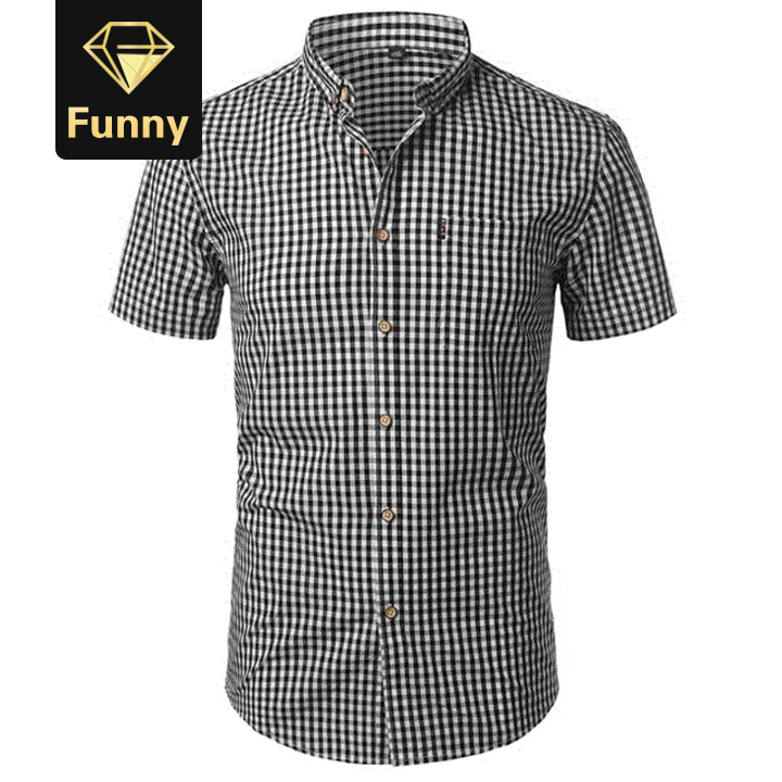 2021 High quality Small Plaid Shirt Men Summer Short Sleeve Cotton Mens Dress Shirts  Down Shirts