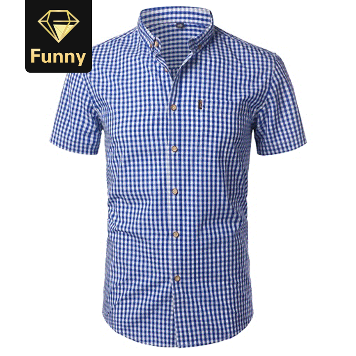 2021 High quality Small Plaid Shirt Men Summer Short Sleeve Cotton Mens Dress Shirts  Down Shirts