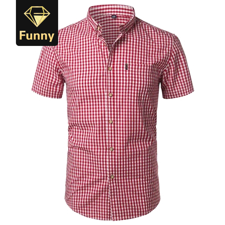 2021 High quality Small Plaid Shirt Men Summer Short Sleeve Cotton Mens Dress Shirts  Down Shirts