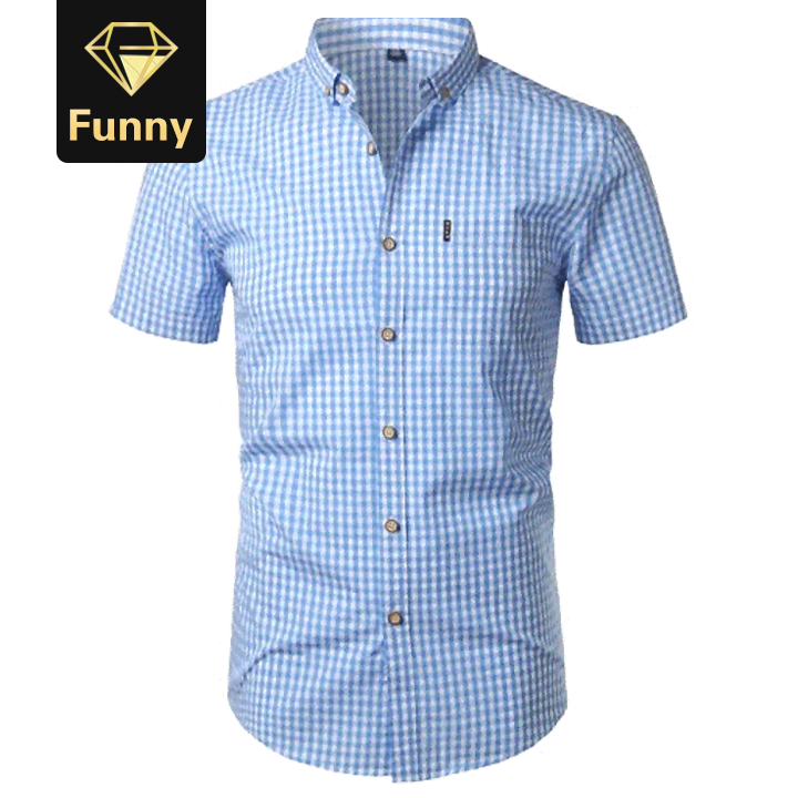 2021 High quality Small Plaid Shirt Men Summer Short Sleeve Cotton Mens Dress Shirts  Down Shirts
