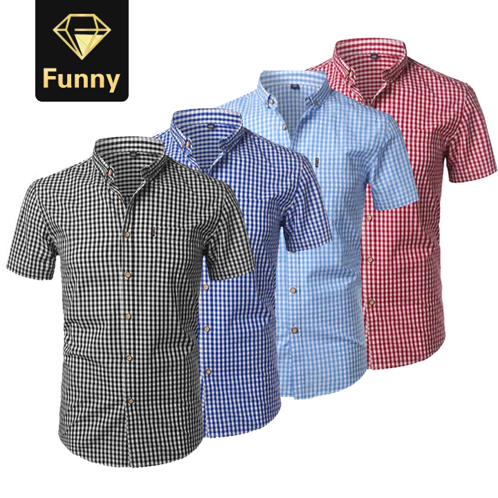 2021 High quality Small Plaid Shirt Men Summer Short Sleeve Cotton Mens Dress Shirts  Down Shirts