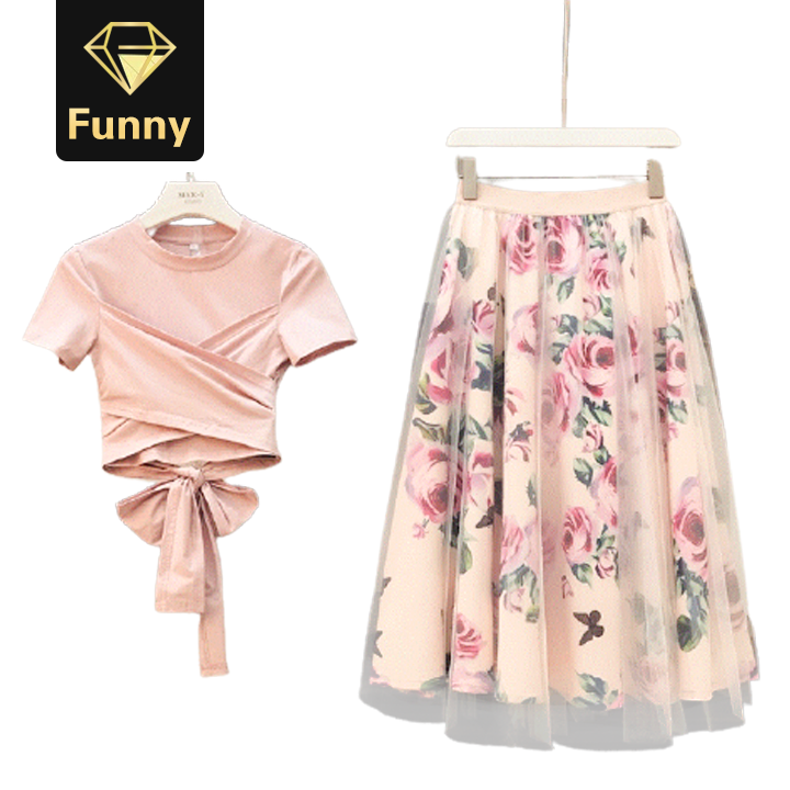 Women Irregular T Shirt+Mesh Skirts Suits Elegant Woman Two Piece Set