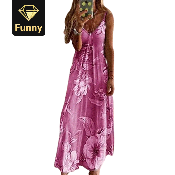 2021 High quality Casual Women Sexy Robe Summer  Sleeveless V-neck Printed Long Dress Maxi Dress