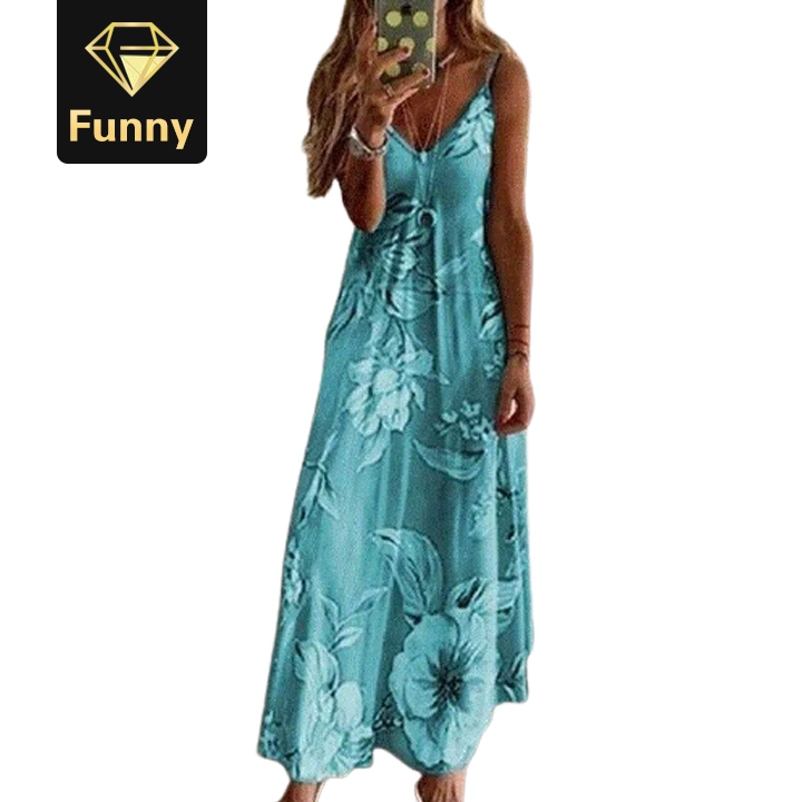 2021 High quality Casual Women Sexy Robe Summer  Sleeveless V-neck Printed Long Dress Maxi Dress
