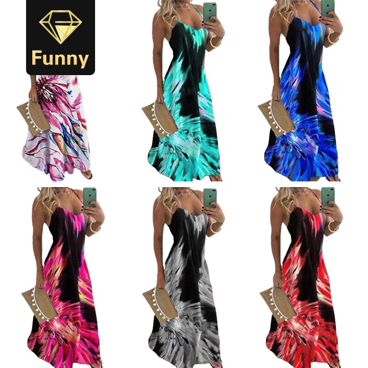 2021 High quality Casual Women Sexy Robe Summer  Sleeveless V-neck Printed Long Dress Maxi Dress