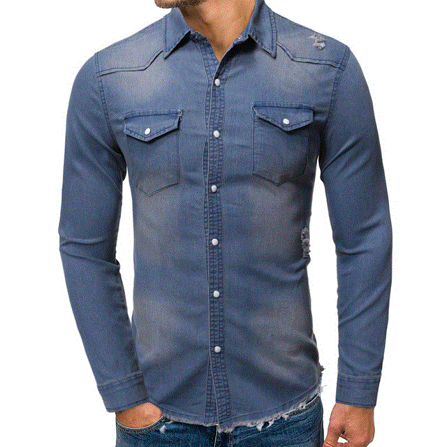 2021 High quality New Men's Denim Fashion Shirts Casual Long Sleeve Pocket Slim Fit Button Autumn Turn Down Collar Top