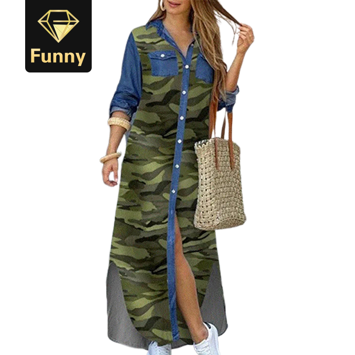 2021 High quality  Buttoned Slit Shirt Summer Neck Maxi Party Casual Loose Long Sleeve Dresses