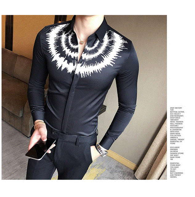 2021 High quality Printed Casual Shirt Men Long Sleeve New Slim Fit Tuxedo Shirts Male Fashion Night Club Shirt Men