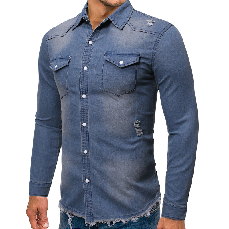 2021 High quality New Men's Denim Fashion Shirts Casual Long Sleeve Pocket Slim Fit Button Autumn Turn Down Collar Top