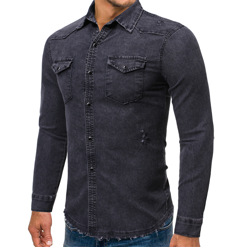 2021 High quality New Men's Denim Fashion Shirts Casual Long Sleeve Pocket Slim Fit Button Autumn Turn Down Collar Top