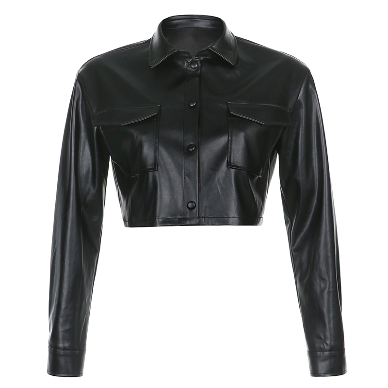 2021 High quality Streetwear Cropped PU Leather Jackets Buttons Pockets Basic Autumn Jacket Women Coat Outwear Punk