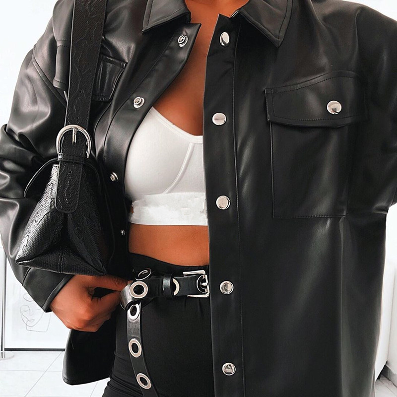 2021 High quality Streetwear Black PU Leather Blouse Women Cardigan Buttons Fashion Women's Coat Long Sleeve Blouses