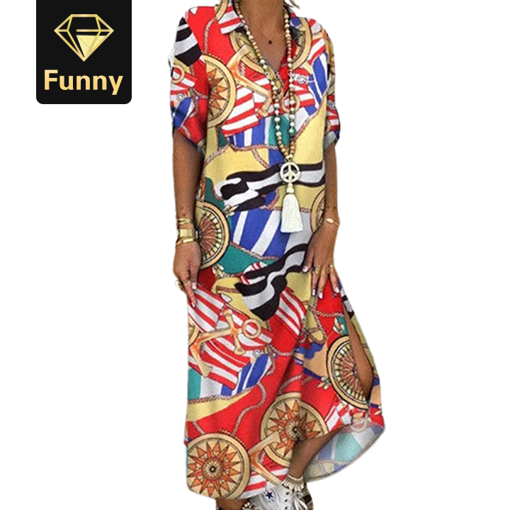 2021 High quality  Buttoned Slit Shirt Summer Neck Maxi Party Casual Loose Long Sleeve Dresses