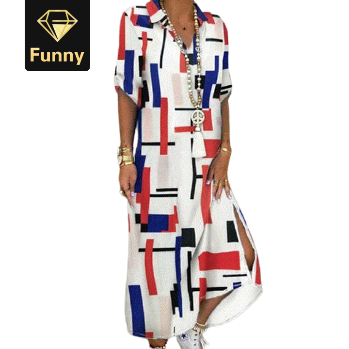 2021 High quality  Buttoned Slit Shirt Summer Neck Maxi Party Casual Loose Long Sleeve Dresses