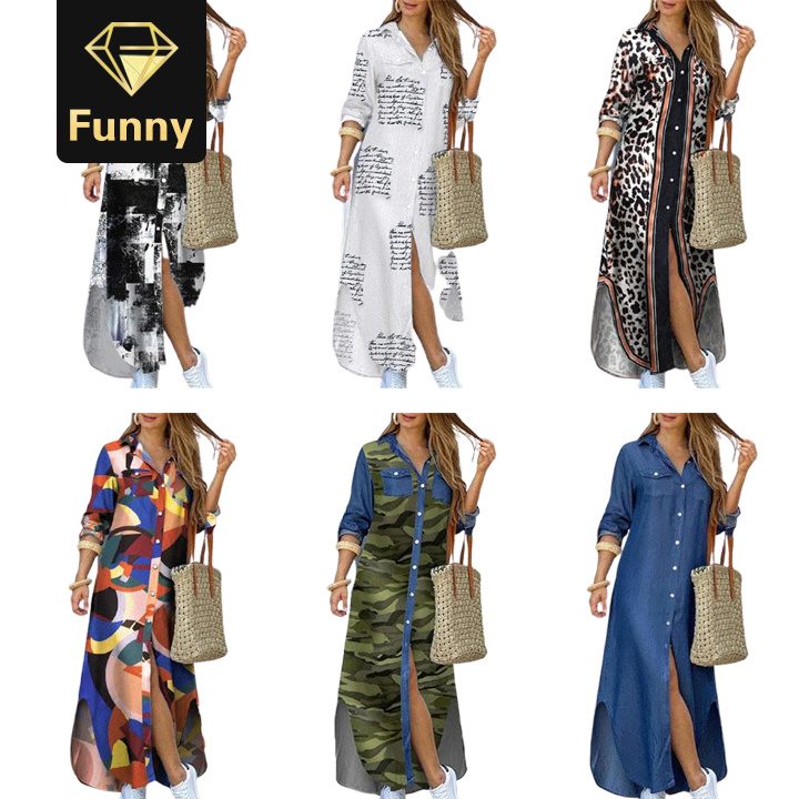 2021 High quality  Buttoned Slit Shirt Summer Neck Maxi Party Casual Loose Long Sleeve Dresses