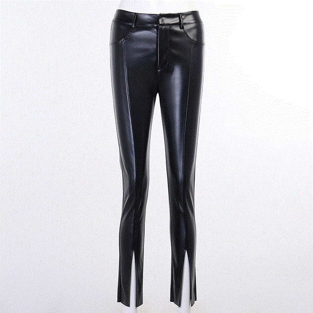 2021 High quality High Waist Faux Leather Women's Pants Hem Split Brown Casual Ladies Streetwear Trousers Pencil Pants